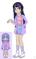 Size: 1290x2080 | Tagged: safe, artist:ilaria122, character:twilight sparkle, species:human, boots, braid, braided pigtails, clothing, coat, ear piercing, earring, female, humanized, jewelry, miniskirt, pastel, pastel girl, pastel girl challenge, piercing, pigtails, polka dot stockings, shirt, shoes, simple background, skirt, socks, solo, transparent background