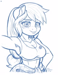 Size: 2550x3300 | Tagged: safe, artist:latecustomer, character:applejack, species:anthro, species:earth pony, species:pony, armpits, athletic, belly button, breasts, cleavage, clothing, cute, ear fluff, female, freckles, jackabetes, looking at you, mare, midriff, monochrome, ponytail, smiling, solo, strong, tank top, wingding eyes