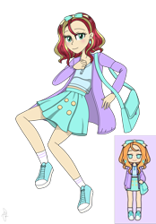 Size: 1660x2390 | Tagged: safe, artist:ilaria122, character:sunset shimmer, species:human, my little pony:equestria girls, bow, cardigan, clothing, converse, ear piercing, earring, female, headband, humanized, jewelry, miniskirt, pastel, pastel girl, pastel girl challenge, piercing, shirt, shoes, shoulder bag, simple background, skirt, sneakers, socks, solo, transparent background