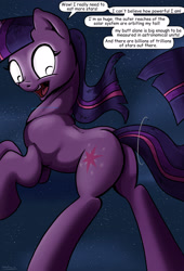 Size: 1920x2816 | Tagged: safe, artist:shieltar, part of a set, character:twilight sparkle, character:twilight sparkle (unicorn), species:pony, species:unicorn, comic:giant twilight, comic, cute, dialogue, female, giant pony, giantess, glowing eyes, macro, mare, part of a series, plot, pony bigger than a planet, pony bigger than a solar system, pony bigger than a star, signature, solo, space, twiabetes