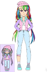 Size: 1860x2790 | Tagged: safe, artist:ilaria122, character:rainbow dash, species:human, beanie, braid, braided pigtails, clothing, female, hat, humanized, jersey, jewelry, necklace, pants, pastel, pastel girl, pastel girl challenge, shirt, shoes, simple background, sneakers, socks, solo, transparent background