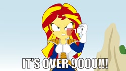 Size: 1280x720 | Tagged: safe, artist:conikiblasu-fan, character:sunset shimmer, my little pony:equestria girls, angry, dragon ball z, female, image macro, looking at you, meme, over 9000, scouter, solo, text