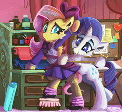 Size: 1600x1465 | Tagged: safe, artist:saxopi, character:fluttershy, character:rarity, species:pony, carousel boutique, clothing, dressing, duo, female, mare, measuring tape