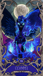 Size: 822x1425 | Tagged: safe, artist:sourcherry, derpibooru original, character:nightmare moon, character:princess luna, species:pony, armor, blue fire, ethereal mane, female, fire, full moon, galaxy mane, horn, hybrid wings, looking at you, major arcana, modern art, moon, nouveau, open mouth, slit eyes, solo, spread wings, tarot, tarot card, wings