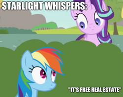 Size: 1369x1080 | Tagged: safe, artist:forgalorga, edit, editor:apex soundwave, character:rainbow dash, character:starlight glimmer, species:pegasus, species:pony, species:unicorn, caption, creepy, duo, female, funny, give me your wings, image macro, impact font, it's free real estate, mare, meme, text, wat