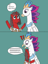 Size: 1536x2048 | Tagged: safe, artist:supahdonarudo, character:queen novo, oc, oc:ironyoshi, species:classical hippogriff, species:hippogriff, my little pony: the movie (2017), dialogue, exclamation point, question mark, speech bubble, surprised, this will not end well