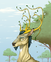 Size: 1200x1452 | Tagged: safe, artist:dementra369, edit, oc, oc only, oc:prince vernalis, species:deer, antlers, branches for antlers, cervine, crying, deer oc, eikerren, facial hair, forest, goatee, leaves, male, manly tears, non-pony oc, original species, sad, tears of pain, wings