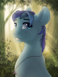 Size: 900x1200 | Tagged: safe, artist:silentwulv, oc, oc only, oc:blu, species:pony, bust, crepuscular rays, jewelry, looking at you, looking back, looking back at you, male, necklace, sitting, smiling, solo, stallion, tree