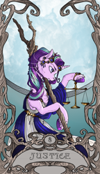 Size: 822x1425 | Tagged: safe, artist:sourcherry, character:starlight glimmer, species:pony, species:unicorn, clothing, colored hooves, female, justice, major arcana, mare, modern art, nouveau, s5 starlight, scale, solo, staff, staff of sameness, tarot, tarot card, unshorn fetlocks