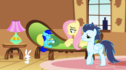 Size: 1495x834 | Tagged: safe, artist:jawsandgumballfan24, character:angel bunny, character:fluttershy, character:soarin', oc, parent:fluttershy, parent:soarin', parents:soarinshy, species:pegasus, species:pony, baby bottle, couch, female, fluttershy's cottage, lamp, male, milk bottle, offspring, pony creator, shipping, soarinshy, straight