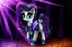 Size: 5120x3360 | Tagged: safe, artist:darksly, character:coloratura, character:countess coloratura, species:earth pony, species:pony, episode:the mane attraction, g4, my little pony: friendship is magic, clothing, curtain, female, mare, raised hoof, smiling, solo, stage