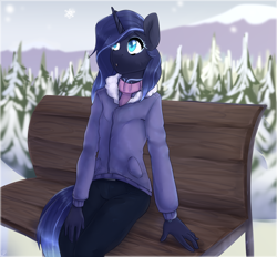 Size: 2692x2500 | Tagged: safe, artist:tigra0118, oc, oc only, oc:mystic shadow, species:anthro, species:pony, species:unicorn, anthro oc, bench, clothing, female, forest, hair over one eye, hoodie, horn, looking up, mare, open mouth, pants, scarf, sitting, snow, solo, tree, winter, ych result