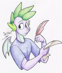 Size: 2417x2833 | Tagged: safe, artist:flicker-show, character:spike, species:anthro, species:dragon, clothing, dialogue, looking back, male, offscreen character, older, older spike, quill, shirt, simple background, solo, traditional art, white background, winged spike
