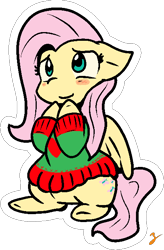 Size: 433x662 | Tagged: safe, artist:zutcha, character:fluttershy, species:pegasus, species:pony, blushing, bottomless, clothing, cute, female, floppy ears, mare, partial nudity, raised hoof, shyabetes, simple background, sitting, smiling, solo, sweater, sweatershy, transparent background, zutcha is trying to murder us
