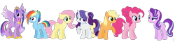 Size: 5940x1430 | Tagged: safe, artist:ilaria122, character:applejack, character:fluttershy, character:pinkie pie, character:rainbow dash, character:rarity, character:starlight glimmer, character:twilight sparkle, character:twilight sparkle (alicorn), species:alicorn, species:earth pony, species:pegasus, species:pony, species:unicorn, alternate hairstyle, crown, ethereal mane, female, galaxy mane, hatless, jewelry, mare, missing accessory, necklace, next generation, older, older applejack, older fluttershy, older pinkie pie, older rainbow dash, older rarity, older starlight glimmer, older twilight, regalia, simple background, transparent background, ultimate twilight
