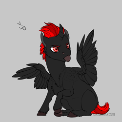 Size: 1024x1024 | Tagged: safe, artist:dementra369, oc, oc only, species:alicorn, species:pony, >:p, alicorn oc, foal, frown, male, raised hoof, red and black oc, simple background, sitting, solo, tongue out