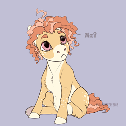 Size: 1024x1024 | Tagged: safe, artist:dementra369, oc, oc only, species:earth pony, species:pony, :<, curly mane, foal, hoers, pale belly, simple background, sitting, solo