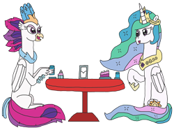 Size: 1884x1400 | Tagged: safe, artist:supahdonarudo, character:princess celestia, character:queen novo, species:alicorn, species:classical hippogriff, species:hippogriff, species:pony, my little pony: the movie (2017), cake, cup, cupcake, food, plate, raised hoof, simple background, sitting, table, transparent background