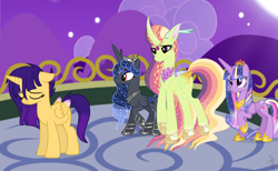 Size: 2260x1390 | Tagged: safe, artist:ilaria122, character:twilight sparkle, character:twilight sparkle (alicorn), oc, oc:princess heaven serenity, oc:princess moonclipse, oc:shooting star (ilaria122), parent:flash sentry, parent:king sombra, parent:princess celestia, parent:princess luna, parent:thorax, parent:twilight sparkle, parents:flashlight, parents:lumbra, parents:thoralestia, species:alicorn, species:changeling, species:changepony, species:pony, species:unicorn, changeling oc, crown, female, hoof shoes, hybrid, jewelry, mare, next generation, offspring, regalia, sad, simple background, ultimate twilight