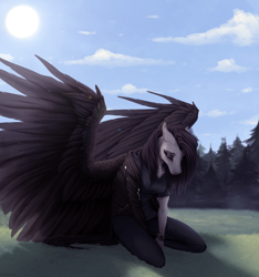 Size: 1320x1408 | Tagged: safe, artist:dementra369, oc, oc only, species:anthro, species:pegasus, species:pony, big wings, eyes closed, female, kneeling, solo, spread wings, wings