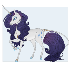 Size: 1280x1192 | Tagged: safe, artist:dementra369, character:rarity, species:classical unicorn, species:pony, species:unicorn, alternate universe, bracelet, cloven hooves, colored hooves, eyeshadow, female, horn jewelry, jewelry, leonine tail, lidded eyes, long horn, makeup, mare, pendant, raised hoof, realistic horse legs, solo, tail jewelry