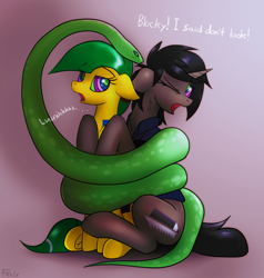 Size: 3278x3446 | Tagged: safe, artist:fenixdust, oc, oc:blocky bits, oc:ivy, species:pony, species:unicorn, clothing, dialogue, duo, female, hypnosis, snake, swirly eyes, this will end in vore
