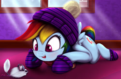 Size: 5120x3360 | Tagged: safe, artist:darksly, character:rainbow dash, species:pony, episode:best gift ever, g4, my little pony: friendship is magic, absurd resolution, beanie, boots, clothing, crepuscular rays, cute, dashabetes, gloves, hat, looking at something, open mouth, prone, shoes, winter outfit, winterchilla