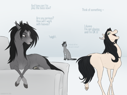 Size: 1280x960 | Tagged: safe, artist:dementra369, oc, oc only, species:earth pony, species:pony, armchair, crossed hooves, dialogue, trio