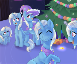 Size: 3000x2500 | Tagged: safe, artist:tigra0118, character:trixie, species:pony, species:unicorn, cape, christmas, christmas tree, clothing, commission, eyes closed, female, hat, holiday, mare, multeity, tree, trixie army, trixie's cape, trixie's hat