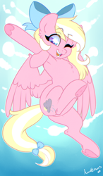 Size: 3500x6000 | Tagged: safe, artist:annakitsun3, oc, oc only, oc:bay breeze, species:pegasus, species:pony, armpits, bow, cloud, commission, female, hair bow, looking down, mare, one eye closed, open mouth, signature, sky, solo, ych result