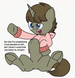 Size: 1352x1408 | Tagged: safe, artist:darkknighthoof, oc, oc only, oc:darkknighthoof, species:pony, species:unicorn, bedroom eyes, clothing, fangs, featureless crotch, frog (hoof), male, meme, open mouth, pink sweater, raised hoof, simple background, sitting, solo, stallion, sweater, sweater meme, underhoof, white background