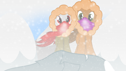 Size: 7680x4320 | Tagged: safe, artist:waveywaves, oc, oc:coppercore, oc:waves, species:pony, absurd resolution, clothing, hoodie, mountain, scarf, shipping