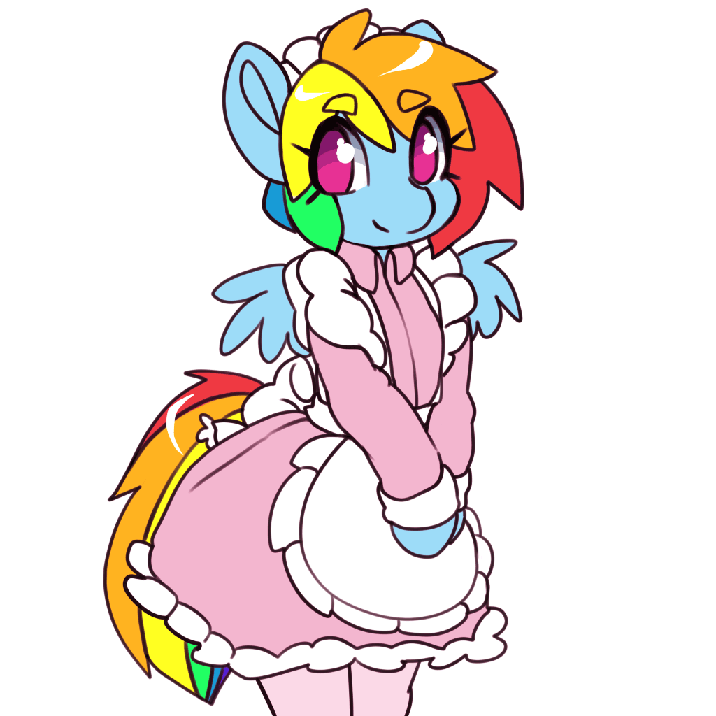 Size: 1024x1024 | Tagged: safe, artist:tolsticot, edit, character:rainbow dash, species:pegasus, species:pony, adorasexy, animated, arm hooves, beanbrows, clothing, cute, dashabetes, dress, eyebrows, female, frame by frame, gif, idle animation, looking at you, loop, maid, mare, multicolored hair, rainbow dash always dresses in style, semi-anthro, sexy, simple background, skirt, smiling, socks, solo, squigglevision, stockings, thigh highs, tomboy taming, white background, wings