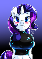 Size: 3508x4961 | Tagged: safe, artist:skyline19, character:rarity, species:anthro, species:pony, species:unicorn, belly button, big breasts, blushing, breasts, busty rarity, clothing, female, midriff, shirt, solo
