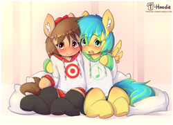 Size: 2002x1447 | Tagged: safe, artist:hoodie, oc, oc only, oc:fun fact, oc:jade melody, blushing, clothing, cute, duo, happy, hat, hoodie, hug, pillow, pleated skirt, semi-anthro, shorts, skirt, socks, wings