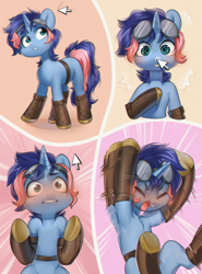 Size: 2901x3921 | Tagged: safe, artist:aphphphphp, oc, oc only, oc:ryo, species:pony, species:unicorn, armpits, belt, blushing, boop, boots, comic, cursor, cute, digital art, female, goggles, high res, mare, shoes, solo