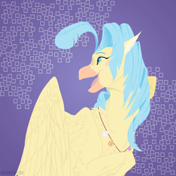 Size: 1200x1200 | Tagged: safe, artist:dementra369, character:princess skystar, species:classical hippogriff, species:hippogriff, g4, my little pony: the movie (2017), bust, feather, female, freckles, happy, jewelry, necklace, open mouth, portrait, seashell, seashell necklace, simple background, solo