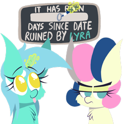 Size: 1000x1000 | Tagged: safe, alternate version, artist:dragonpone, derpibooru original, character:bon bon, character:lyra heartstrings, character:sweetie drops, species:earth pony, species:pony, species:unicorn, ship:lyrabon, blep, bon bon is not amused, cheek fluff, chest fluff, female, fluffy, frown, glowing horn, horn, lesbian, levitation, lidded eyes, lineless, looking sideways, looking up, magic, mare, marker, shipping, sign, silly, simple background, smiling, telekinesis, text, tongue out, transparent background, unamused