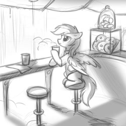 Size: 850x850 | Tagged: safe, artist:tomatocoup, character:rainbow dash, species:pegasus, species:pony, bar stool, black and white, chair, clothing, coffee, donut, female, food, grayscale, mare, missing cutie mark, monochrome, sitting, solo