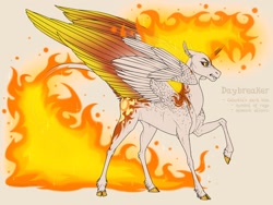 Size: 1280x960 | Tagged: safe, artist:dementra369, character:daybreaker, character:princess celestia, species:alicorn, species:pony, cloven hooves, colored, curved horn, fangs, female, hooves, horn, leonine tail, mane of fire, mare, raised hoof, simple background, solo, spread wings, unshorn fetlocks, wings