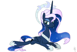 Size: 1590x1090 | Tagged: safe, artist:ilaria122, character:princess luna, species:alicorn, species:pony, ethereal mane, eyeshadow, galaxy mane, halo, jewelry, makeup, queen luna, regalia, simple background, smiling, transparent background, ultimate luna