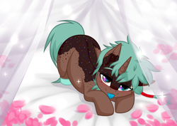 Size: 3465x2454 | Tagged: oc needed, safe, artist:rioshi, artist:sparkling_light, artist:starshade, oc, oc only, species:pony, bed, blep, blue tongue, digital art, donut, food, freckles, high res, horn freckles, looking at you, signature, silly, solo, sprinkles, tongue out, ych result