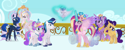 Size: 2288x920 | Tagged: safe, artist:ilaria122, character:princess cadance, character:princess celestia, character:princess flurry heart, character:princess luna, character:shining armor, character:twilight sparkle, character:twilight sparkle (alicorn), oc, oc:crystal arrow, oc:shooting star (ilaria122), species:alicorn, species:crystal pony, species:pegasus, species:pony, species:unicorn, alternate design, baby, baby pony, balcony, brother and sister, colt, crown, crystal empire, crystallized, empress cadance, ethereal mane, eyes closed, female, galaxy mane, glowing horn, halo, jewelry, male, mare, next generation, older, older flurry heart, older princess cadance, older princess celestia, older princess luna, older shining armor, queen celestia, queen luna, regalia, simple background, sisters-in-law, smiling, stallion, ultimate cadance, ultimate luna, ultimate twilight