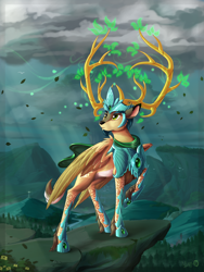 Size: 2250x3000 | Tagged: safe, artist:sirzi, oc, oc only, oc:prince vernalis, species:deer, branches for antlers, cliff, cloud, crepuscular rays, crown, deer oc, eikerren, forest, jewelry, leaves, light rays, lighthouse, looking back, male, non-pony oc, original species, raised hoof, regalia, solo, spread wings, storm, wings