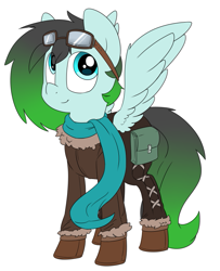 Size: 553x680 | Tagged: safe, artist:victoreach, oc, oc:gryph xander, species:pegasus, species:pony, boots, clothing, goggles, gradient hair, male, pants, scarf, shoes, solo, stallion