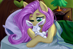Size: 3000x2000 | Tagged: safe, artist:kaikururu, character:angel bunny, character:fluttershy, species:pegasus, species:pony, bed, blanket, cuddling, duo, female, indoors, mare, one eye closed, pillow