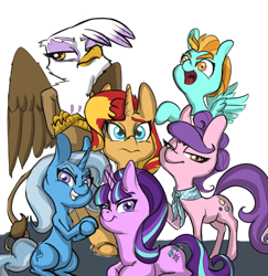 Size: 972x998 | Tagged: safe, artist:helloiamyourfriend, character:gilda, character:lightning dust, character:starlight glimmer, character:sunset shimmer, character:suri polomare, character:trixie, alternate mane six, drawthread, female, group photo, mane six opening poses