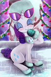Size: 3360x5120 | Tagged: safe, artist:darksly, character:rarity, species:pony, species:unicorn, episode:best gift ever, g4, my little pony: friendship is magic, blushing, christmas ornament, clothing, cute, decoration, eyes closed, female, fur, hat, hoof shoes, mare, raised hoof, russian hat, sitting, smiling, snow, sunglasses, tinsel, ushanka, winter outfit