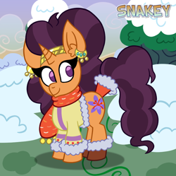 Size: 770x768 | Tagged: safe, artist:snakeythingy, character:saffron masala, female, solo, winter, winter outfit