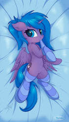 Size: 1280x2275 | Tagged: safe, artist:danli69, artist:twiren, character:princess luna, species:alicorn, species:pony, bed, body pillow, body pillow design, clothing, collaboration, female, filly, looking at you, s1 luna, socks, solo, striped socks, thigh highs, woona, younger